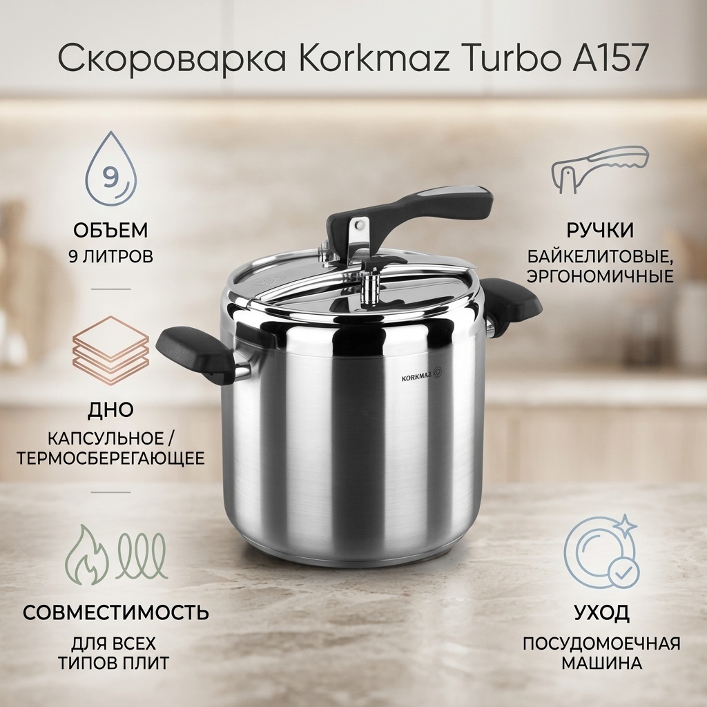 Скороварка 9 л, Korkmaz Turbo A157 нержавеющая сталь