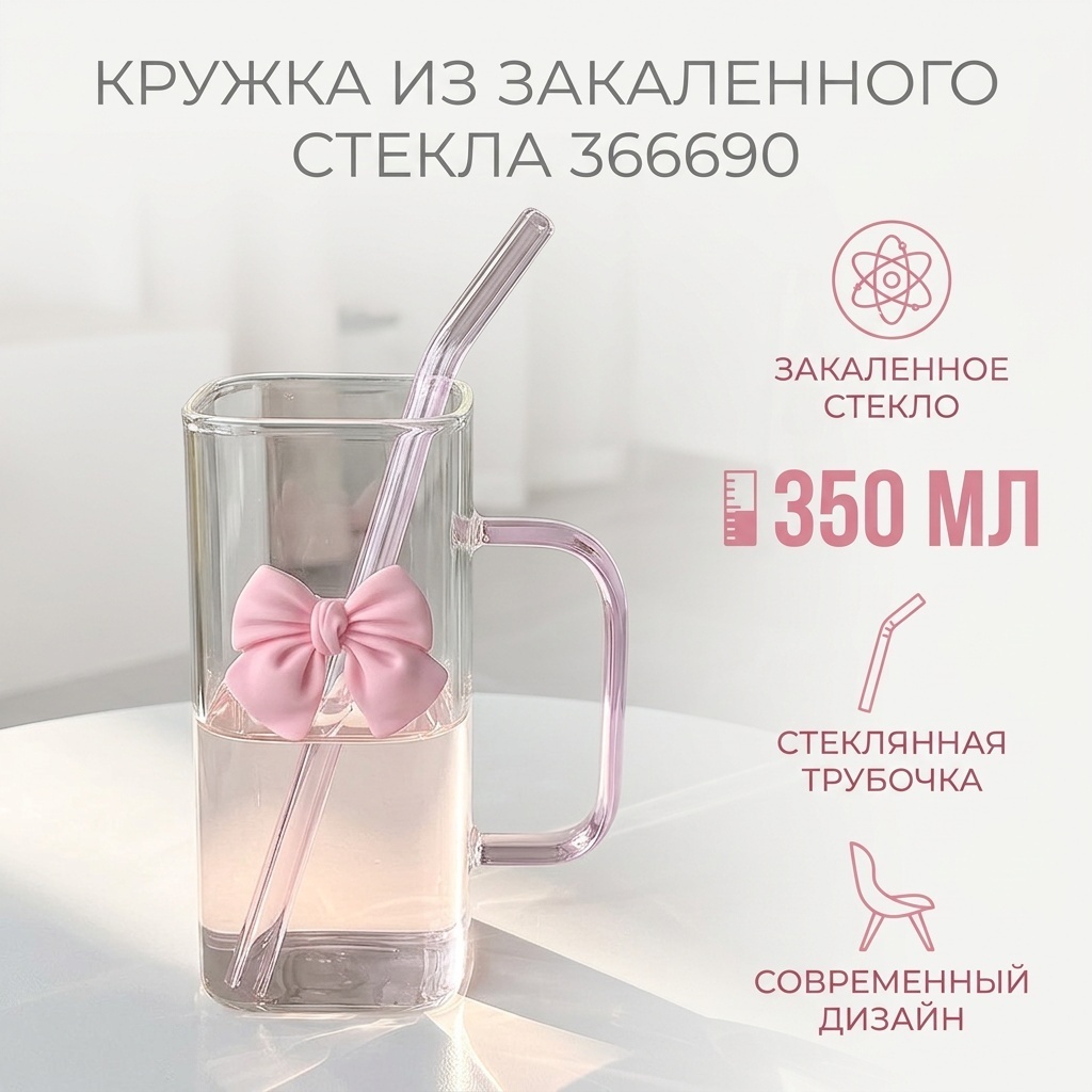 Кружка с трубочкой, 350 мл, закаленное стекло, 1 шт.