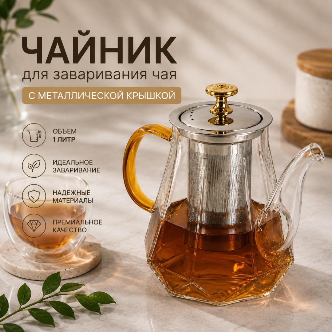 Чайник IVI с металлической крышкой 1 л, стекло, металл