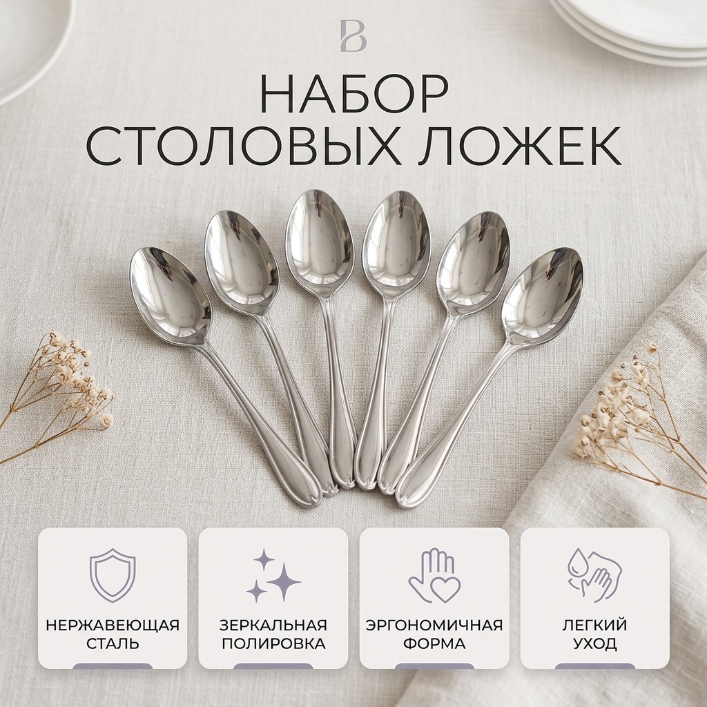 Ложка 6 шт, серебристый столовых ложек