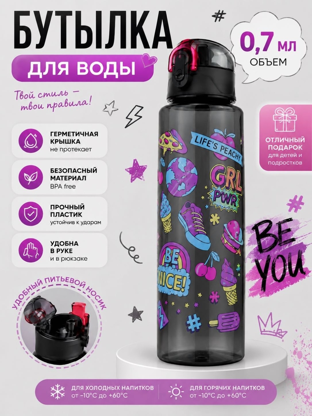 Бутылка 0.7 л серый, винтовая, пластик