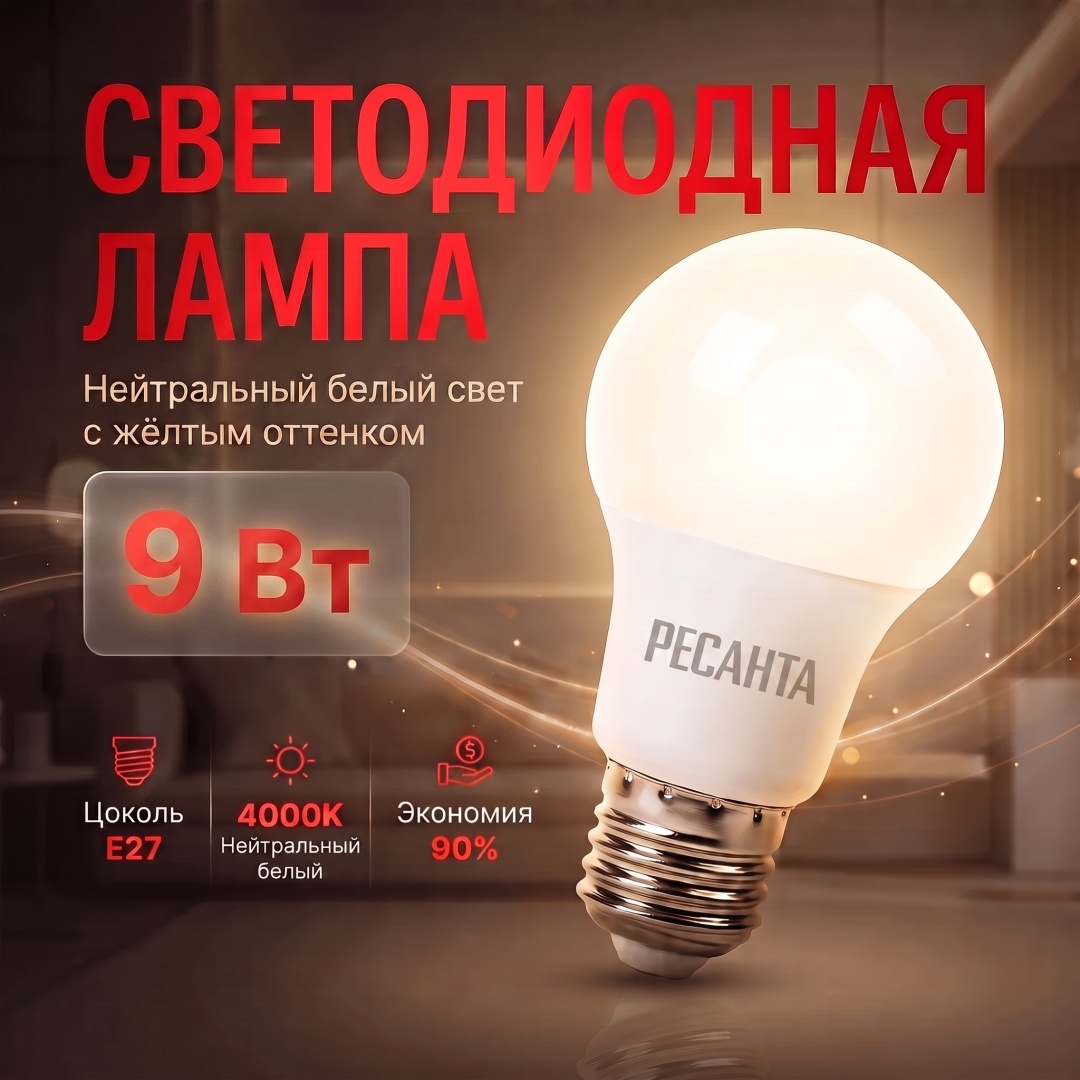 Ресанта 9W E27, светодиодная, нейтральный белый