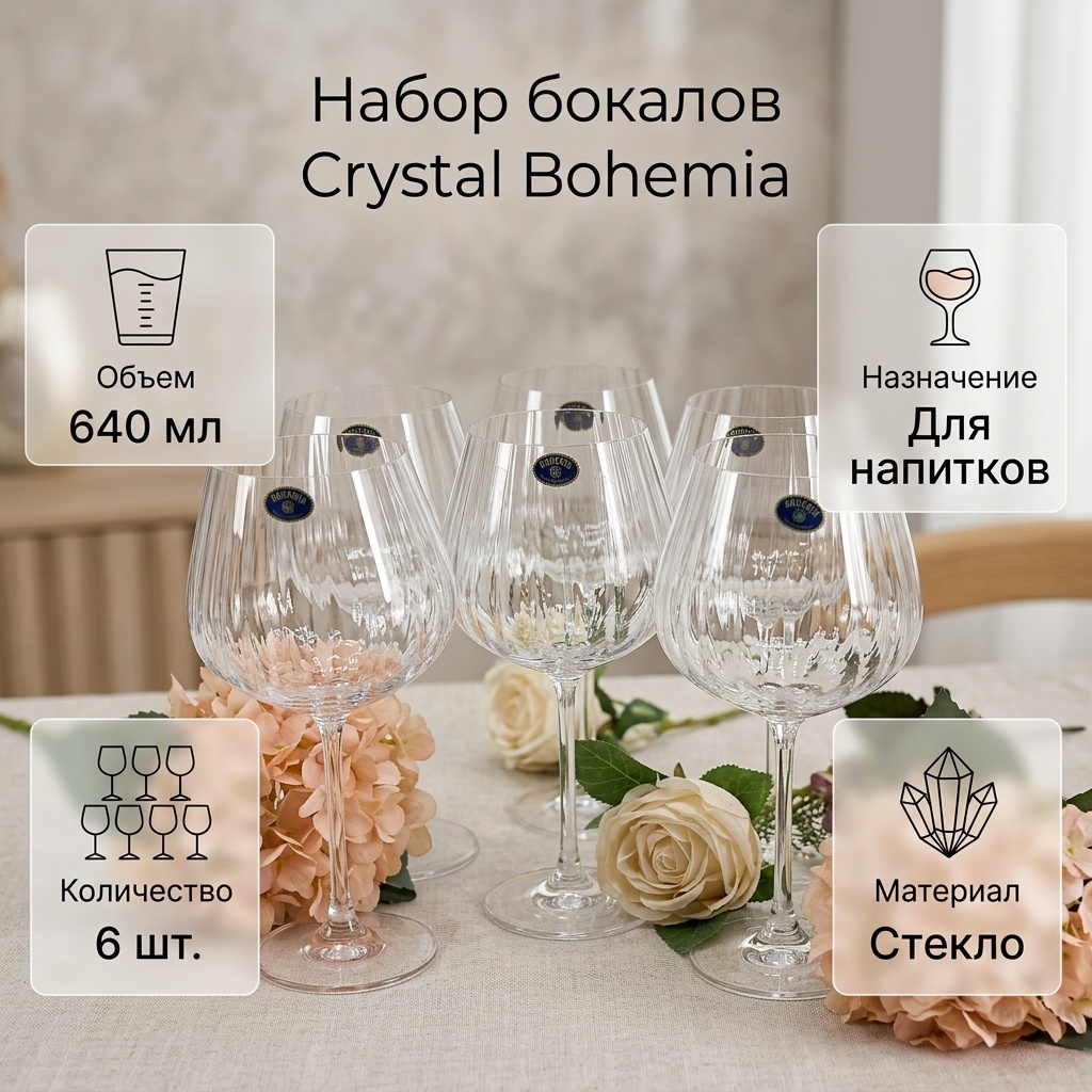 Бокал CRYSTAL BOHEMIA 640 мл, стекло, 6 шт