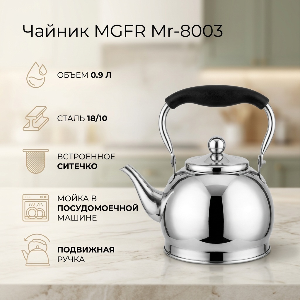 Чайник MGFR Mr-8003 0.9 л, нержавеющая сталь