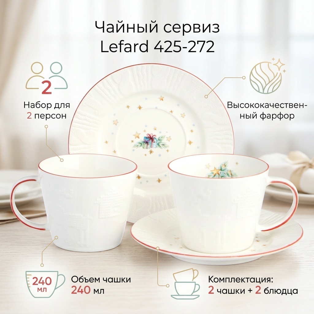 Сервиз на 2 персоны Lefard новогодний принт, предметов: 4, чайный, фарфор