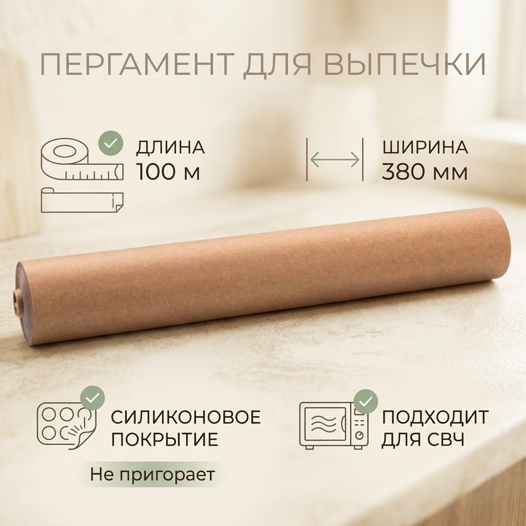 Пергамент для выпечки силиконизированный 380 мм*100 м (1 рулон)