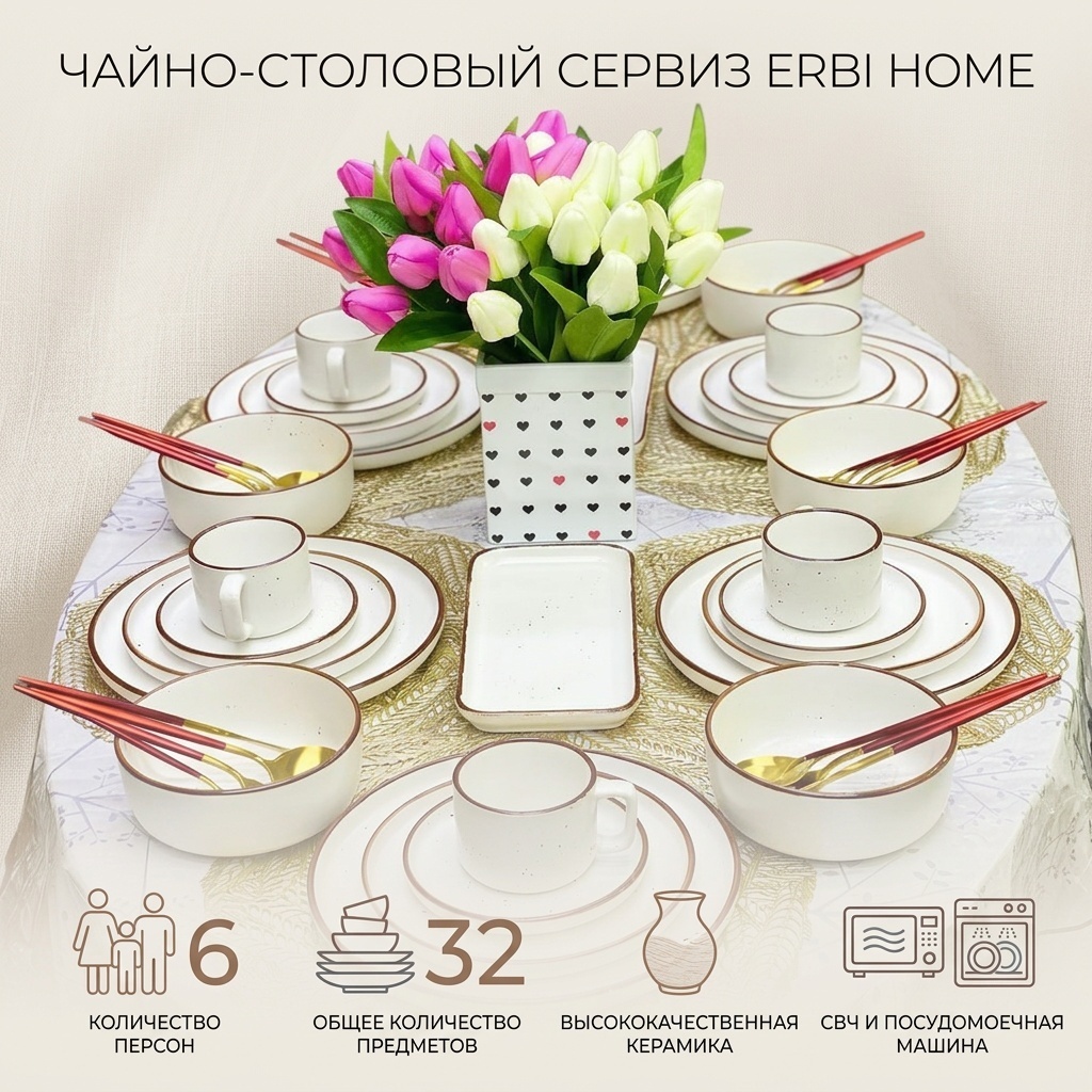 Сервиз на 6 персон ERBI HOME , предметов: 32, чайно-столовый, керамика