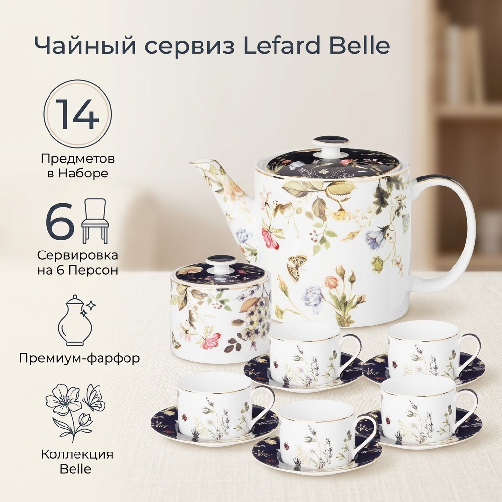 Сервиз на 6 персон Lefard Belle, предметов: 14, чайный, фарфор