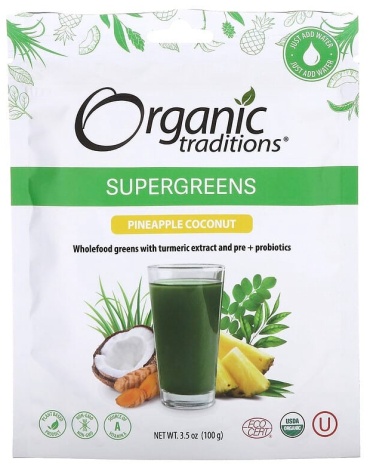 Organic Traditions Supergreens ананас и кокос 100 г