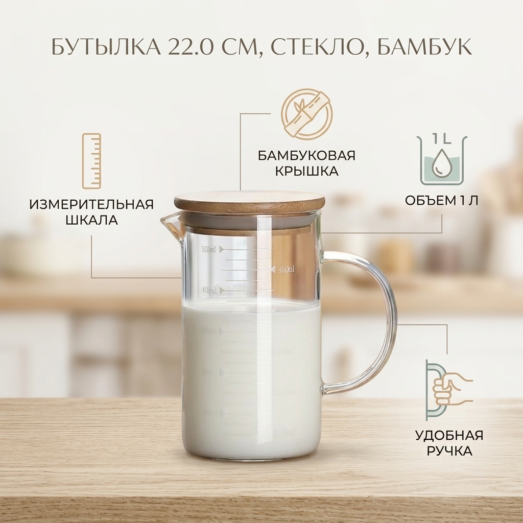 Бутылка 22.0 см, стекло, бамбук