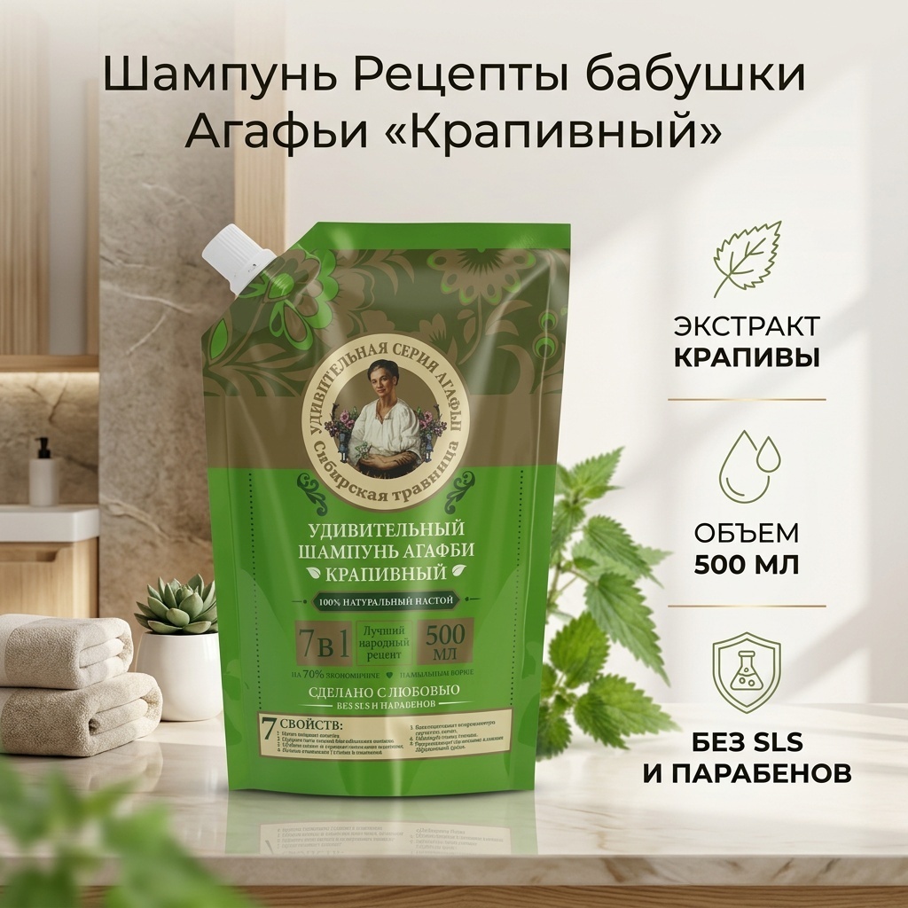 Рецепты бабушки Агафьи Крапивный шампунь 500 мл