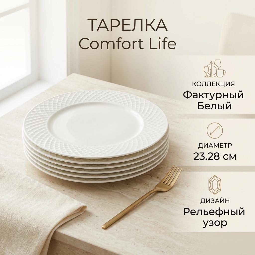 Набор тарелок Фактурный белый 23x28 см, 12 шт, стеклокерамика