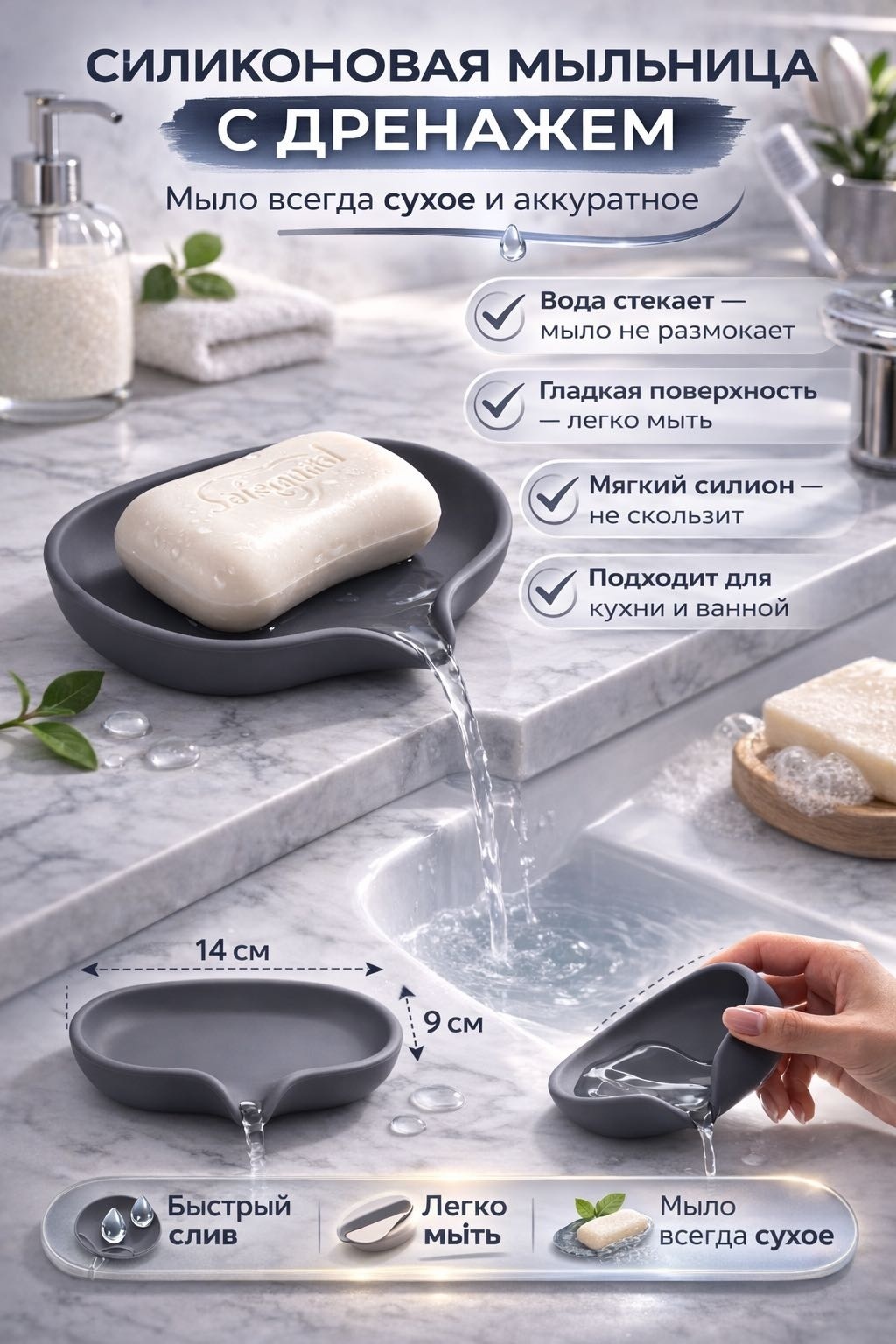 RMXX мыльница в ванную и кухню со сливом на присоске темно-серая 1 шт, силикон