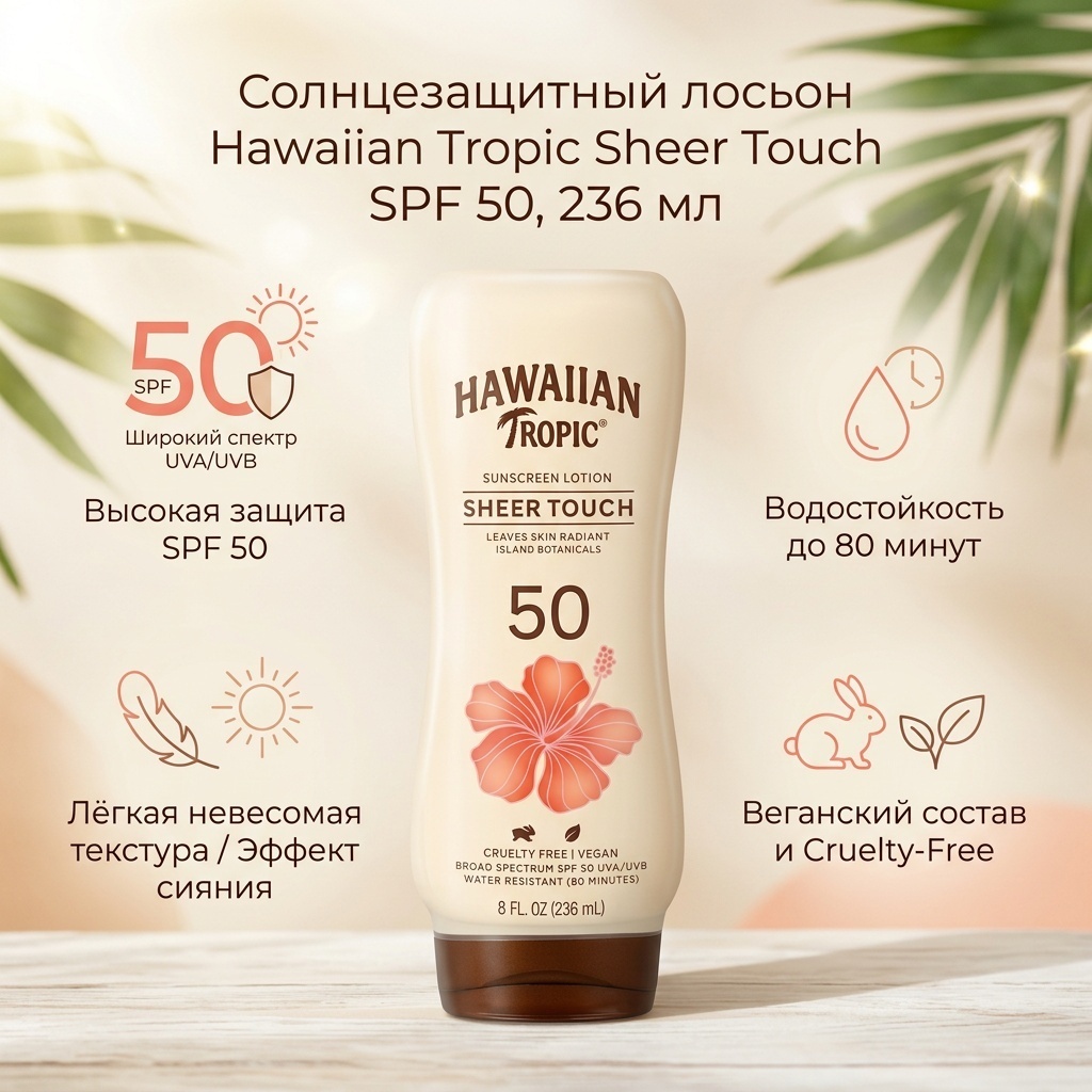 Hawaiian Tropic Sheer Touch, солнцезащитный лосьон, SPF 50, 236 мл лосьон для тела 236 г