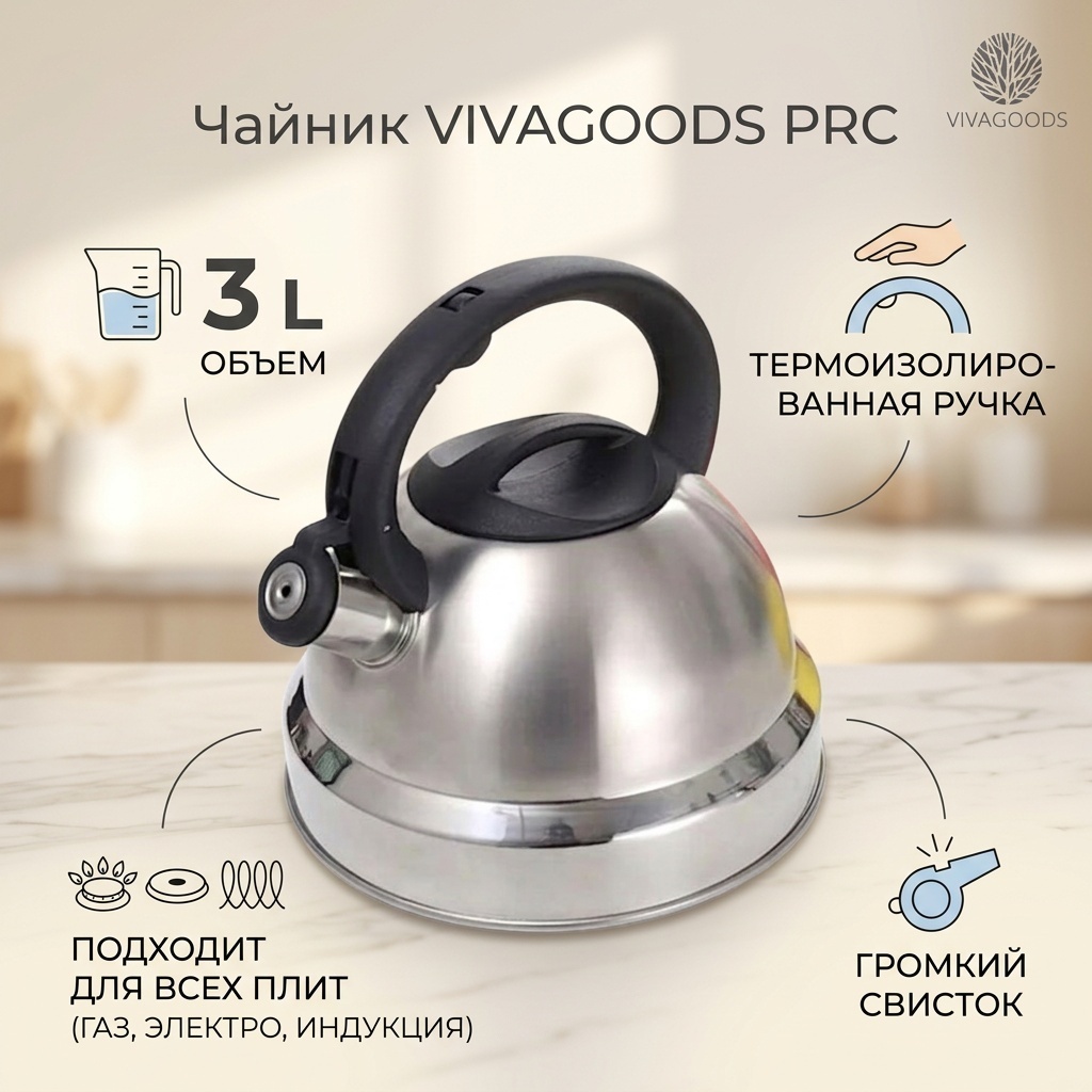 VIVAGOODS чайник PRC 3 л, нержавеющая сталь