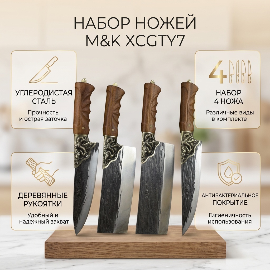 Набор ножей M&K XCGTY7, лезвие: углеродистая сталь 4 шт