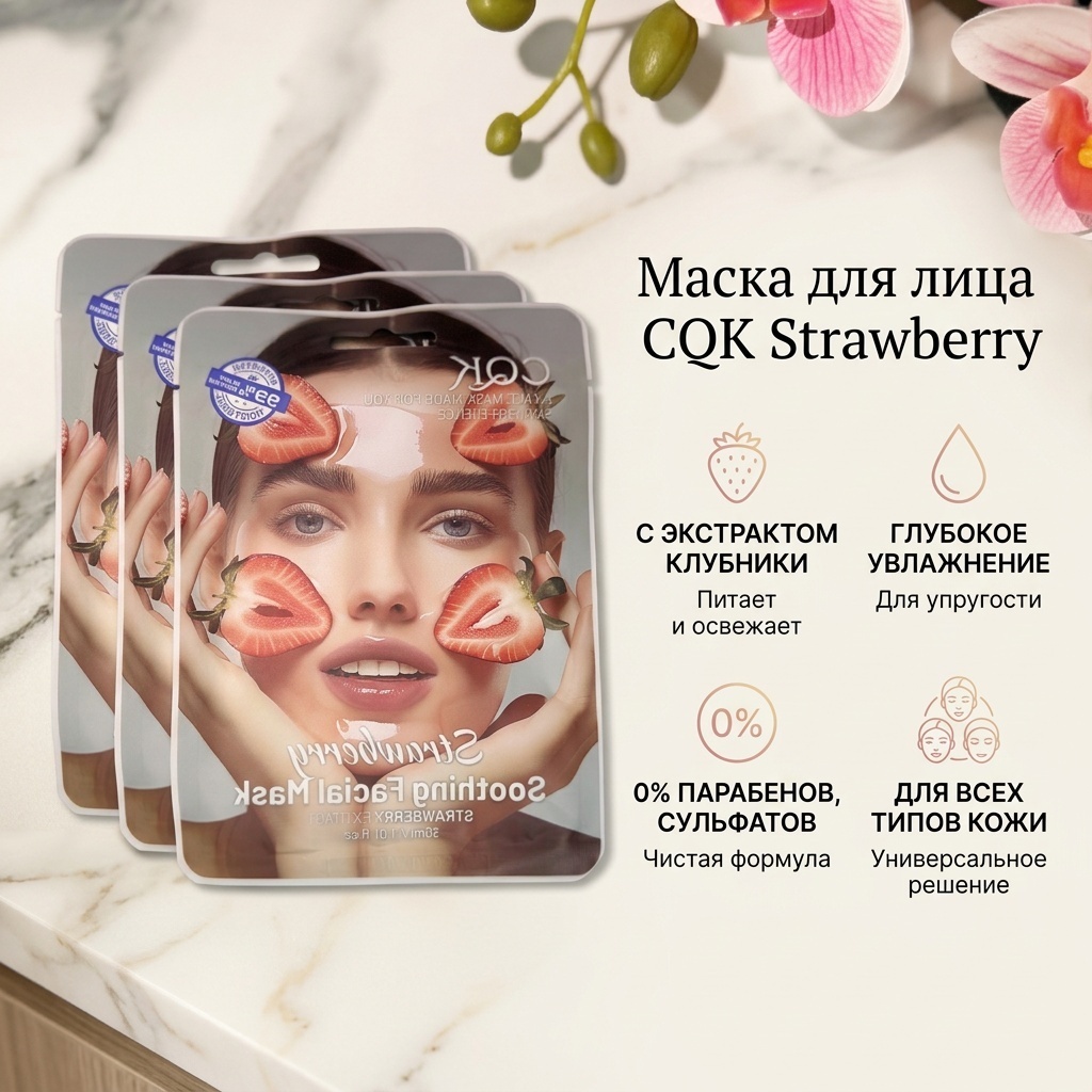 Маска для лица CQK тканевая Strawberry 10 шт