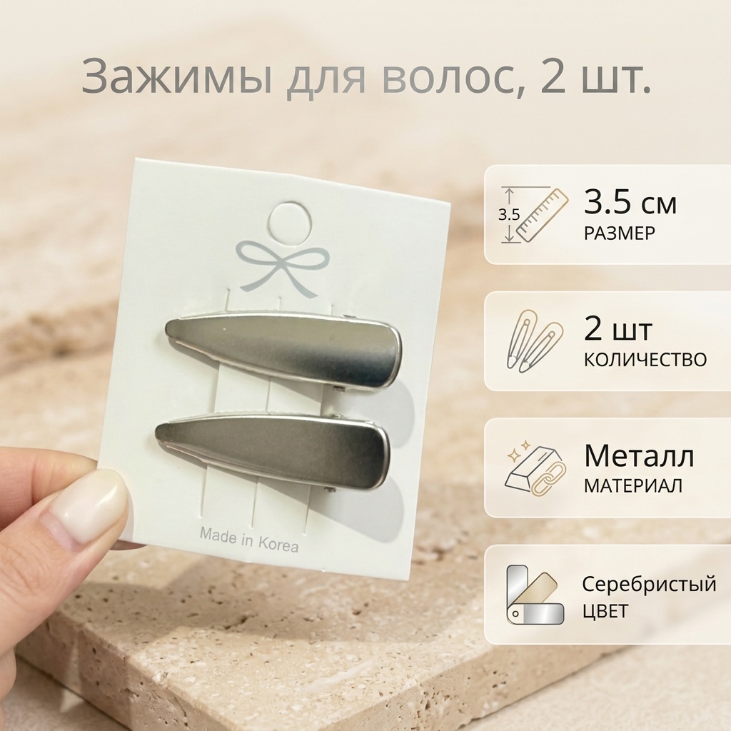 Невидимка зажим 2 шт, серебристый