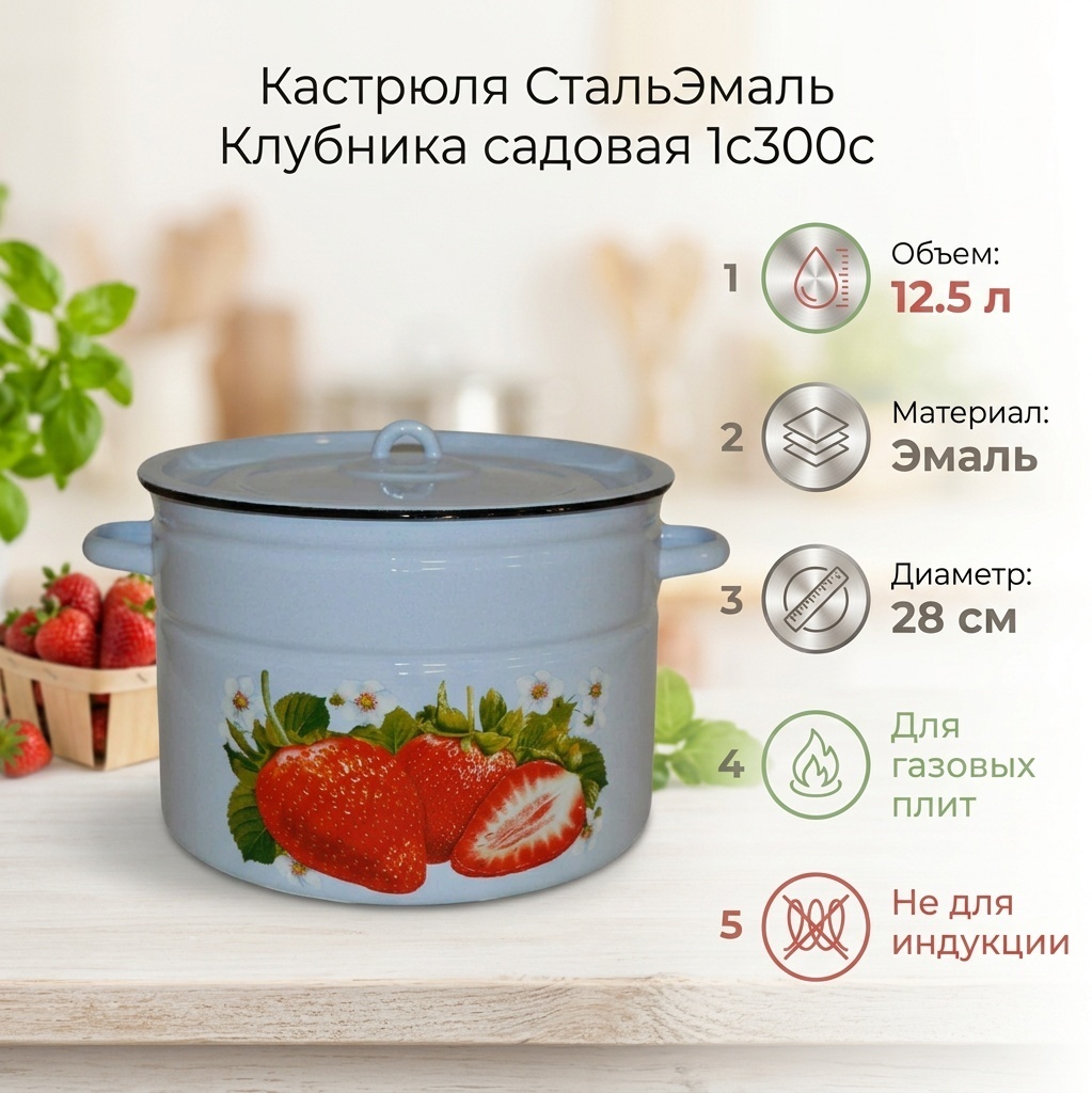 Кастрюля 12.5 л, СтальЭмаль Клубника садовая 1с300с эмаль
