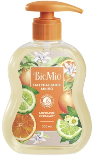 Жидкое мыло туалетное BioMio Натуральное жидкое мыло Natural Liquid Soap с эфирными маслами апельсина и бергамота, 300 мл 300 мл