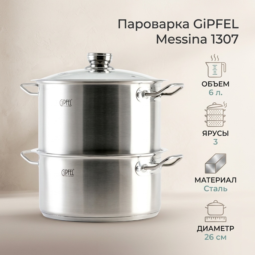 Пароварка 6 л, GiPFEL сталь, количество ярусов: 3