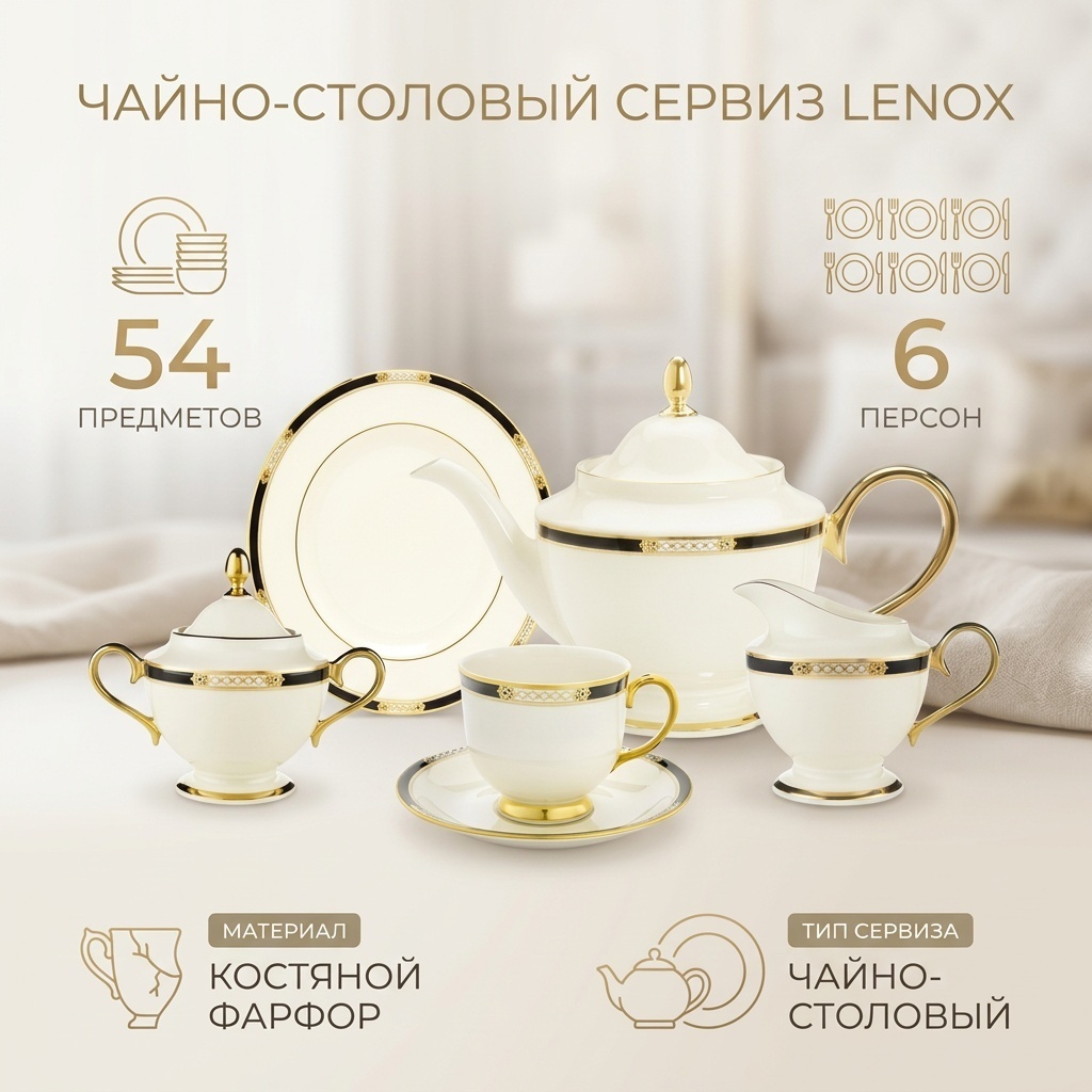 Сервиз на 6 персон Lenox золотистый, предметов: 54, чайно-столовый, костяной фарфор