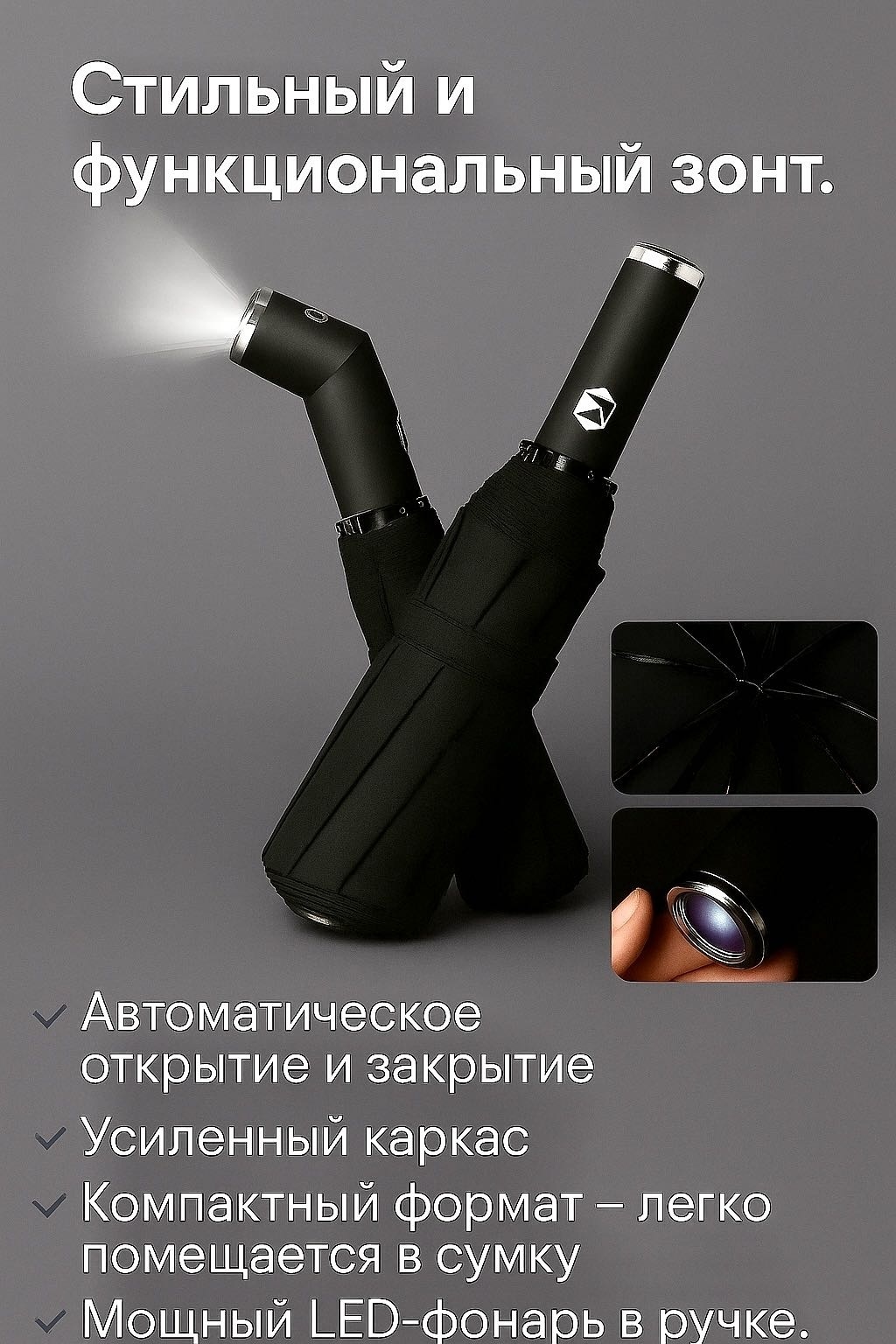 Складной зонт автомат черный