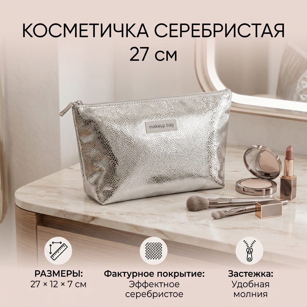 Косметичка текстиль серебристый 12X27 см