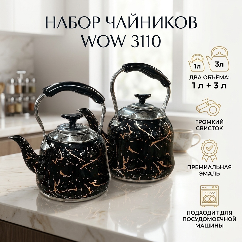 WOW набор чайников 3110 3 л, нержавеющая сталь, эмаль