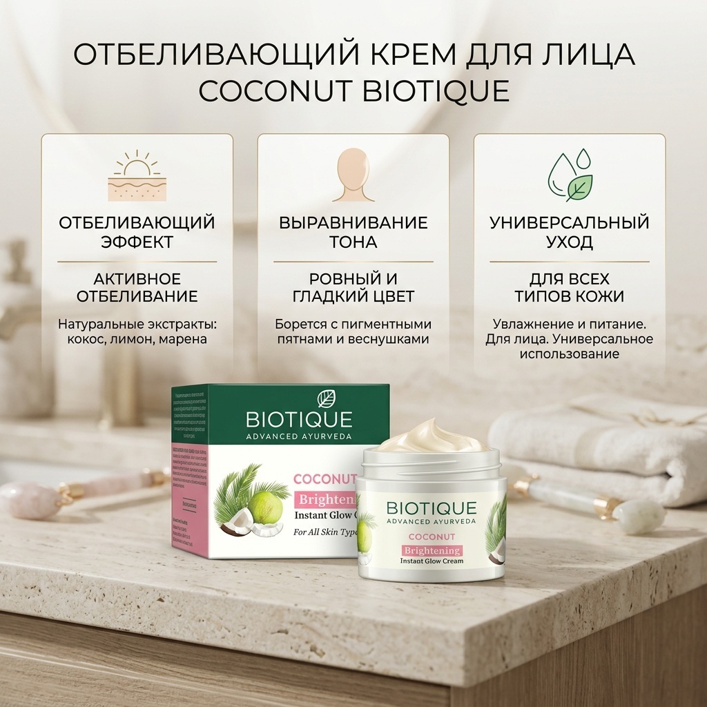 Осветляющий крем для лица с Кокосом BIOTIQUE, 50 гр