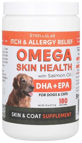 StrellaLab, Omega Skin Health с жиром лосося, для собак и кошек, 180 жевательных таблеток, 513 г