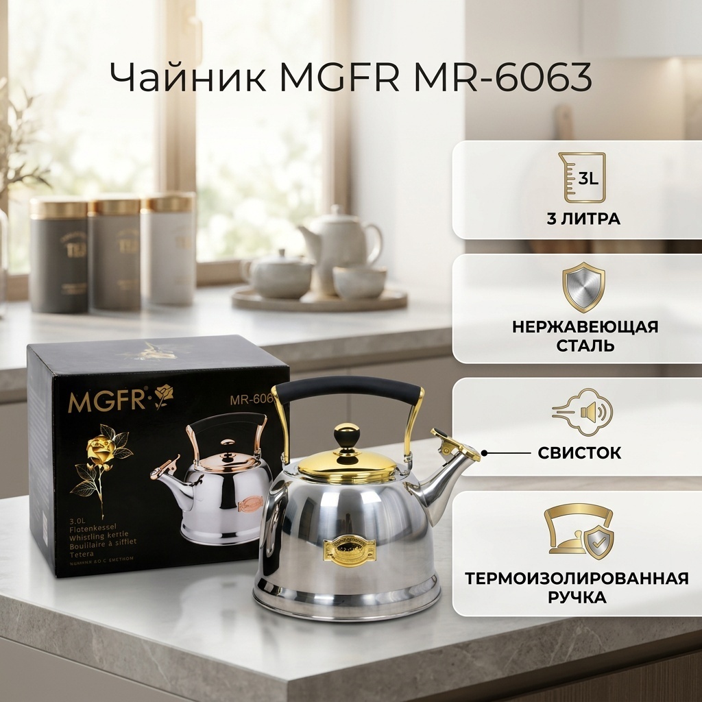 MGFR чайник MGFR MR-6063 3 л, нержавеющая сталь