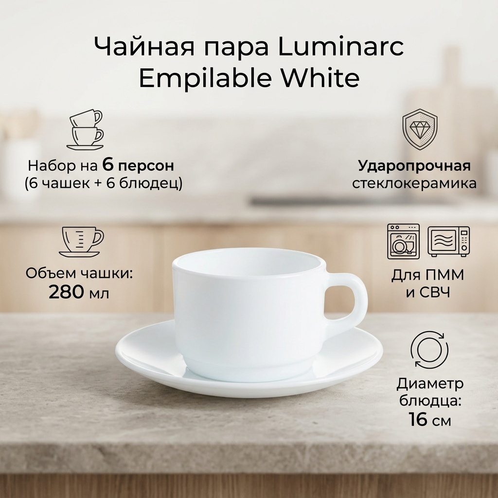 Чайная пара Luminarc , 280 мл, стеклокерамика, 6 шт.