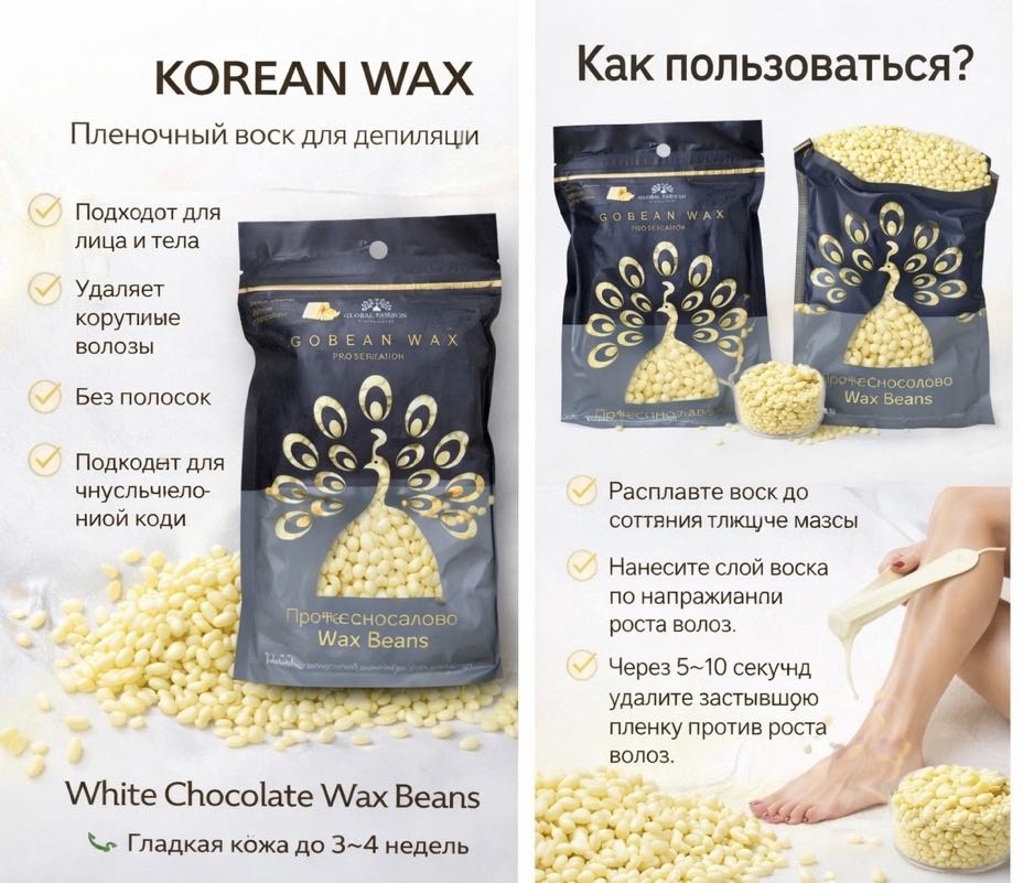 Воск пленочный Global Fashion Korean wax белый шоколад плотность средняя в гранулах 500 г