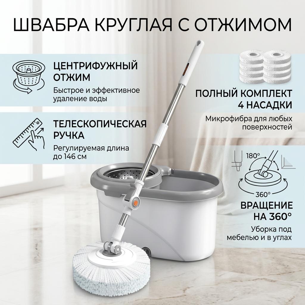 Комплект для уборки универсальная, для пола, для стен , материал насадки: микрофибра, белый
