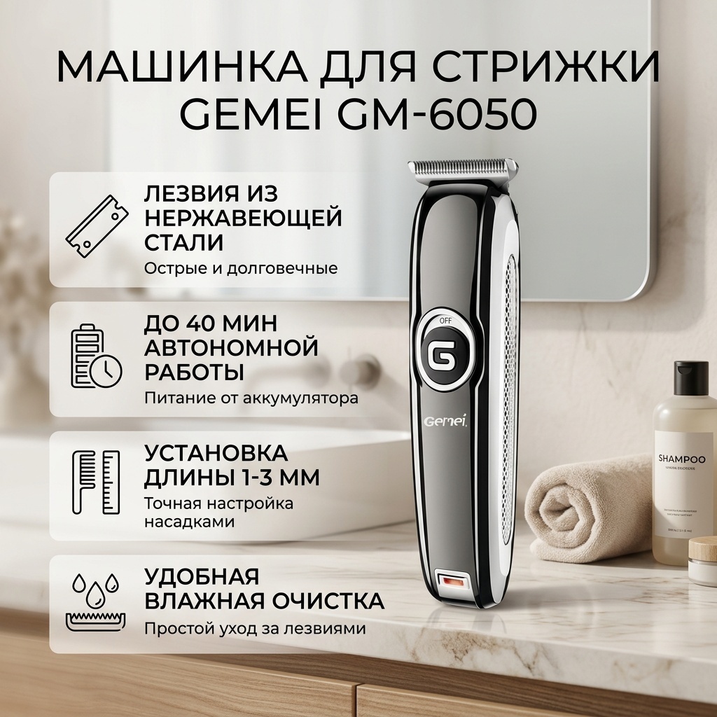 Geemy машинка для стрижки GM-6050 черный, серебряный
