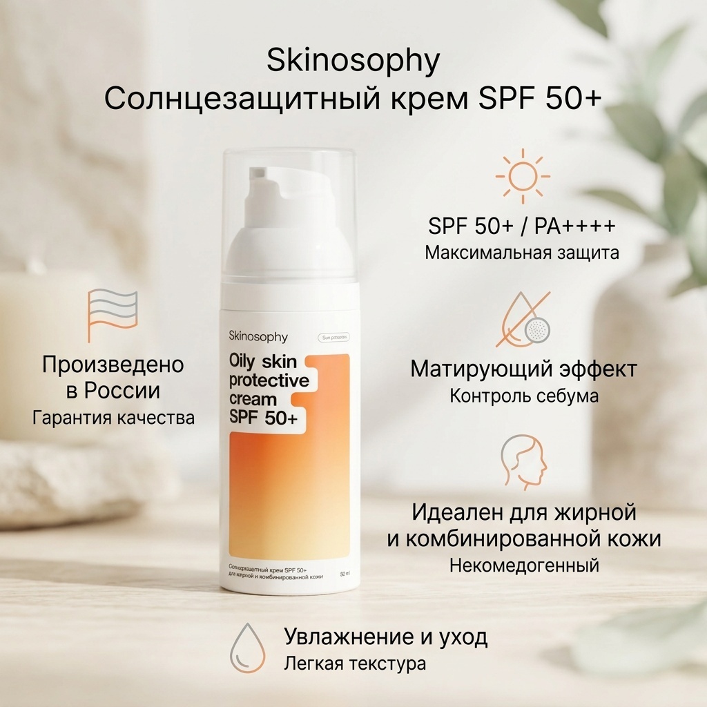 Skinosophy крем Солнцезащитный крем SPF 50+ для жирной и комбинированной кожи для лица, для зоны декольте 50 мл