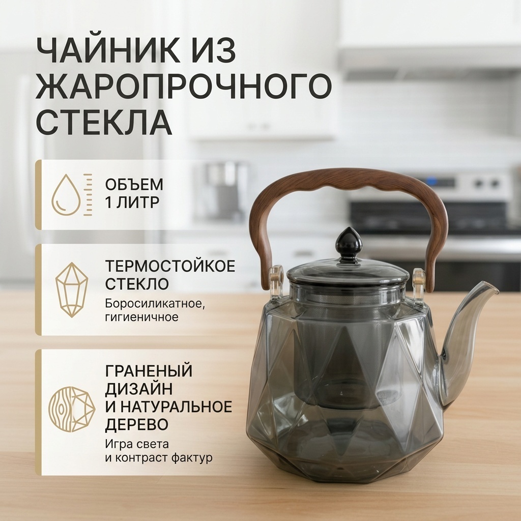 Чайник 30371013_997375261 1 л, жаропрочное стекло