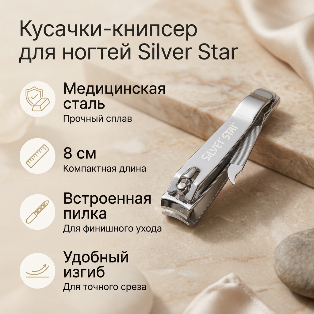 Кусачки-книпсер для ногтей Silver Star, 8 см, металлические, 1 шт