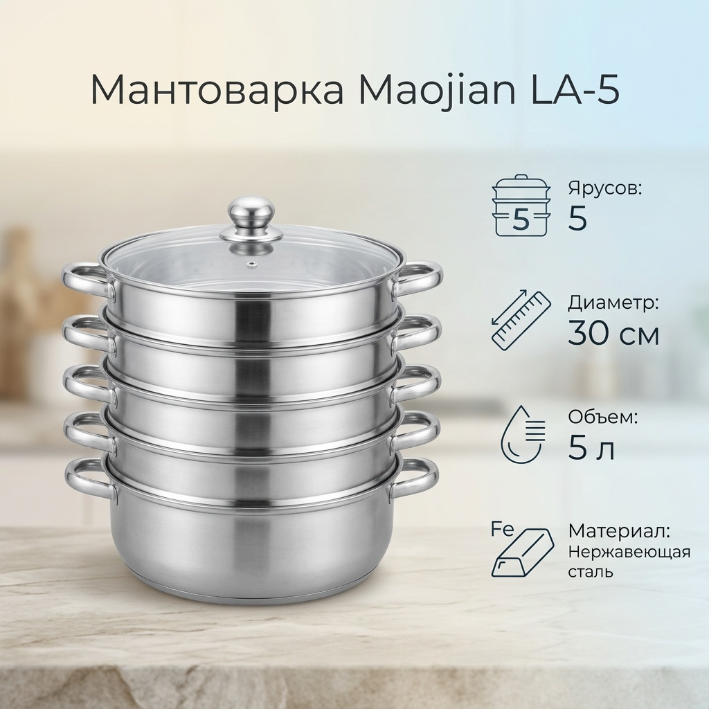 Мантоварка 5 л, Maojian сталь, количество ярусов: 5
