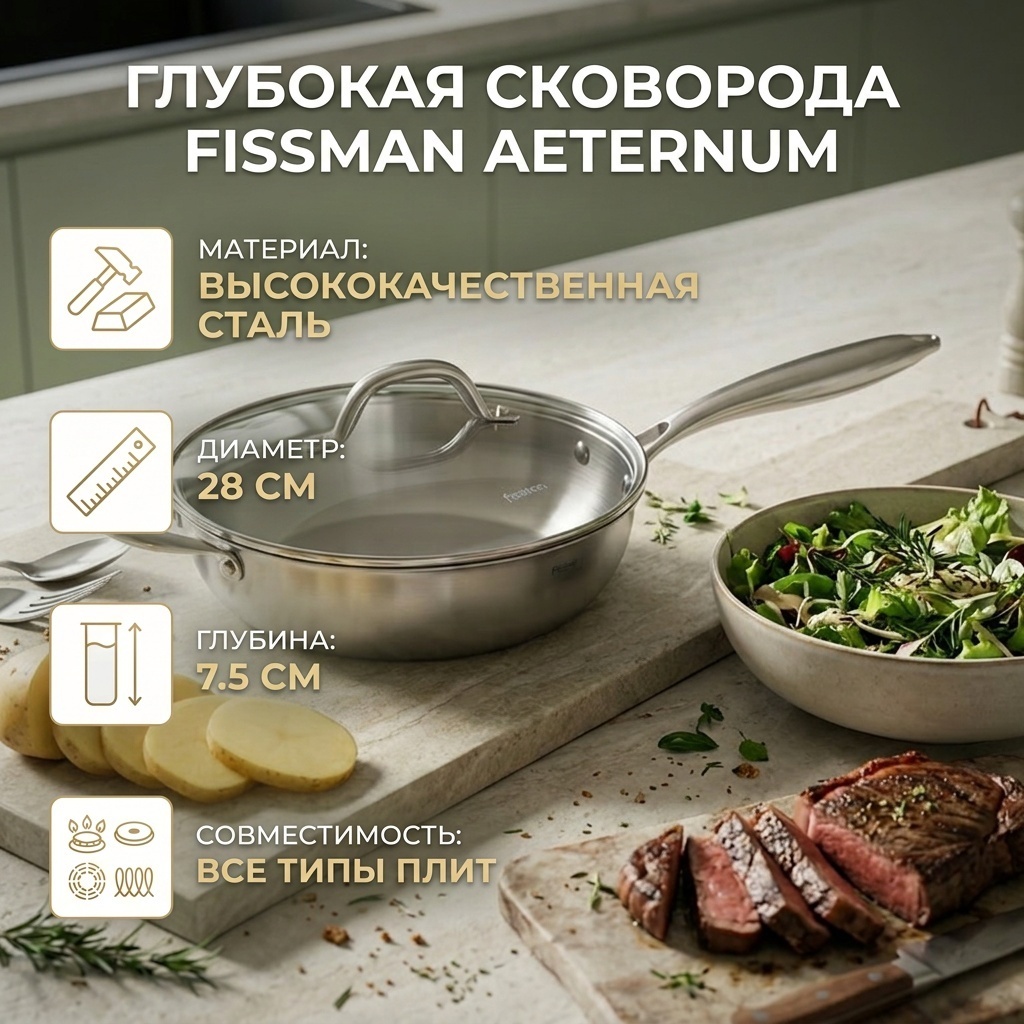 Сковорода Fissman Глубокая сковорода AETERNUM 28x7,5см 28 см , нержавеющая сталь