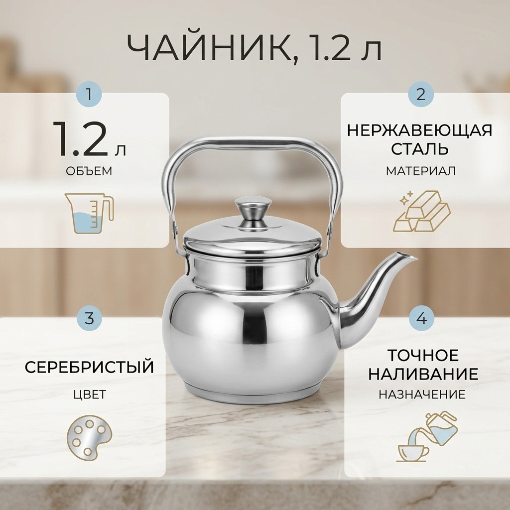 Чайник 30358445_587713510 1.2 л, нержавеющая сталь