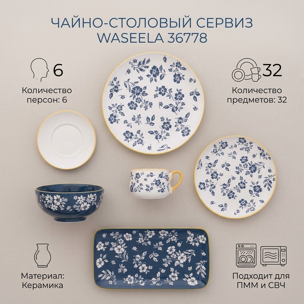 Сервиз на 6 персон WASEELA Waseela, предметов: 32, чайно-столовый, керамика