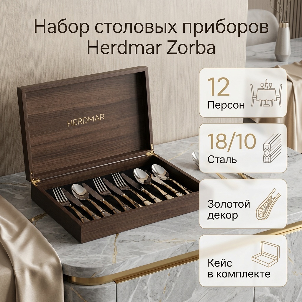 Набор столовых приборов Herdmar 48 шт, золотистый, серебристый Zorba