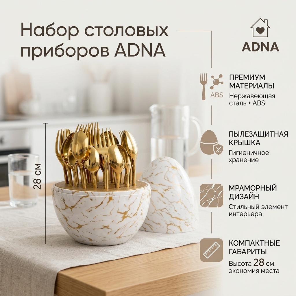 Набор столовых приборов Adna 36 шт, бежевый, золотистый Набор столовых приборов с органайзером