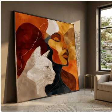 Картина Женщина и кошка. на подрамнике theBaiss.com 90x90 см