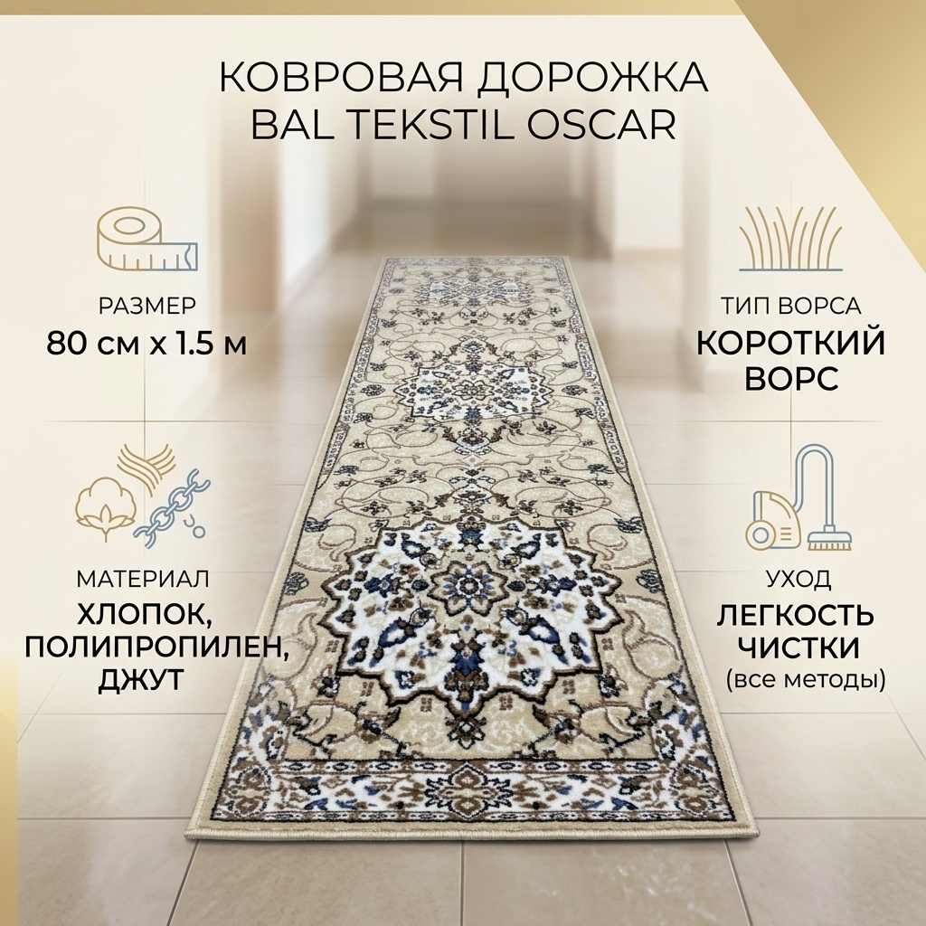 Ковровая дорожка Bal Tekstil короткий ворс, хлопок, полипропилен, джут, 80 см x 1.5 м
