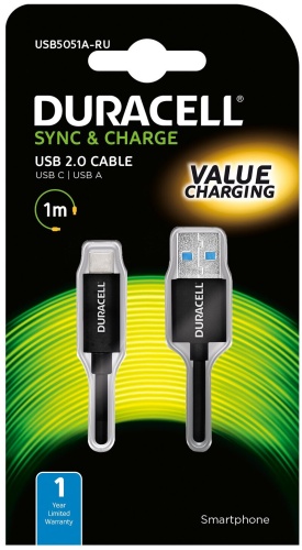 Кабель Duracell USB 2.0 (M), USB TypeC (M), 1 м, USB5051 черный