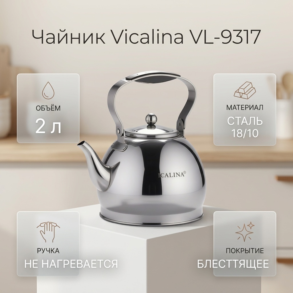 Vicalina чайник VL-9317 2 л, нержавеющая сталь