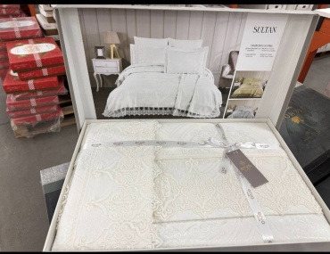 Покрывало с наволочками ERVA HOME 240х260 см, хлопок, жаккард, кремовый